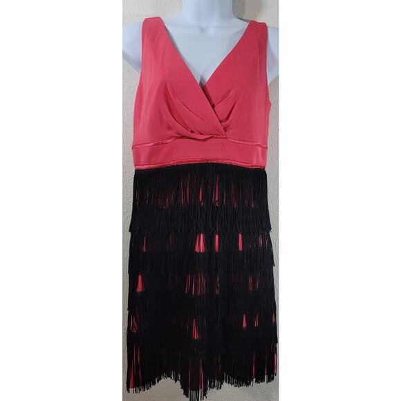 Kay Unger Coral Pink Crisscross Pleated Bodice Fringe Skirt Pencil Dress 6 Flowy - Picture 1 of 5